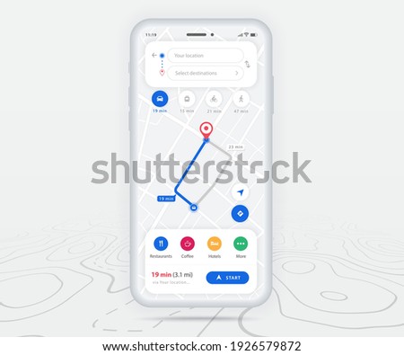 Map GPS navigation app ux ui concept, Mobile map application, Smartphone App search map navigation, Technology map, City navigation maps, City street, gps tracking, Location tracker, Vector Royalty-Free Stock Photo #1926579872