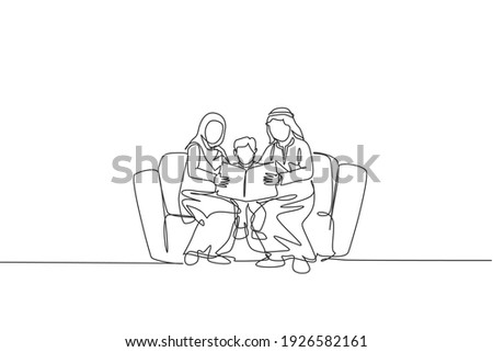 Continuous one line drawing of young Arabian parent sitting on sofa with their boy, reading a book. Happy Islamic muslim parenting family concept. Single line graphic draw design vector illustration