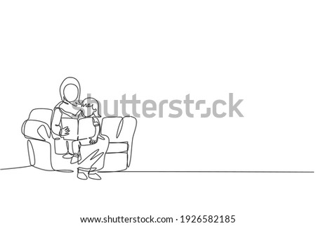 Single continuous line drawing young Arabian mother sitting on sofa read a book to her daughter. Islamic muslim happy family parenthood concept. Trendy one line graphic draw design vector illustration