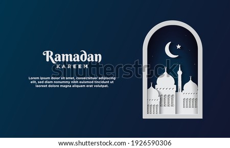Ramadan Kareem Background with White Mosque. Banner, Poster, Greeting Card. Vector Illustration. 