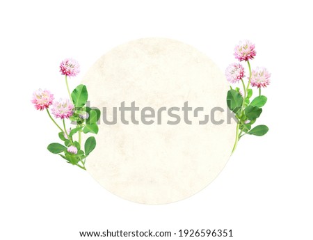 Round retro card with wild red clover (Trifolium pratense) flowers. Vintage eco template. Blank vintage card with clover flower. Isolated on white background. Mock up template. Copy space for text
