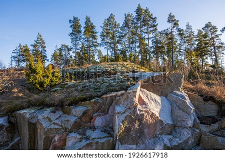 Beautiful nature rocky spring landscape view on blue sky background. Sweden.