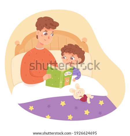 Father reading book to son in bed at home. Happy clever child learning activity vector illustration. Man spending time together with little kid, family sitting in evening indoor.