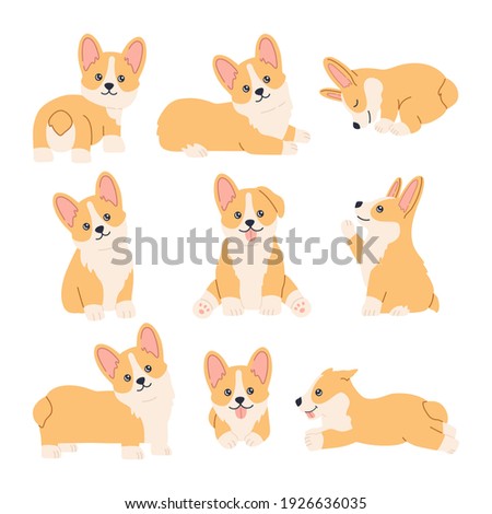 Kawaii corgi stickers set, happy little fun pets with smiling cute face, sitting, standing and lying in different poses. Puppy collection. Hand drawn trendy modern illustration in flat cartoon style Royalty-Free Stock Photo #1926636035
