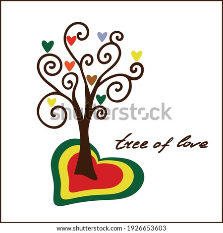 The tree of love. Vector card, a tree growing from a multi-colored heart with hearts instead of leaves. With an inscription on a transparent background.