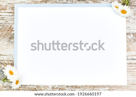 White daisies on a white sheet with copy space for text. Invitation concept