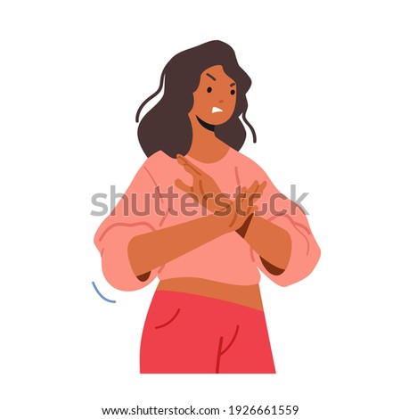 Angry Female Character Wearing Fashioned Wear Showing Refusal or Stop Gesture with Crossed Hands front of Breast. Negative Emotions, Communication, Feelings Expression. Cartoon Vector Illustration