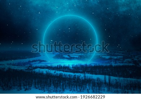 Night cold landscape from a height, forest, roads and city houses. Futuristic neon ring, portal. Reflection of light in water. Fantasy landscape. 