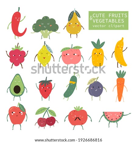 Funny Fruits and vegetables. Fruits smiley. Vector elements for creating invitations, posters and greeting cards for summer parties
