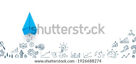 Blue paper plane and business strategy on white background, Business success, innovation and solution concept, copy space