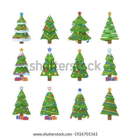Set of Christmas trees. New Years and xmas traditional symbol tree with garlands, light bulb, star. Winter holiday.