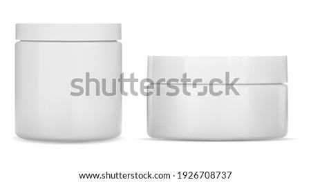 Cream jar. Cosmetic jar mockup, Round white bottle. Plastic creme container blank. Realistic clear body skin beauty cream, corporate branding identity simple can, vector mockup. 3d pot Royalty-Free Stock Photo #1926708737