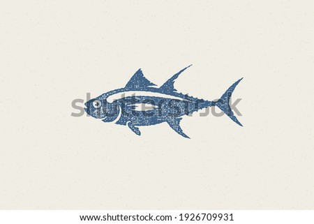 Fresh tuna fish silhouette for food market and seafood restaurant hand drawn stamp effect vector illustration. Vintage grunge texture emblem for package and menu design or label decoration.