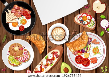 Top view of breakfast set on the table illustration