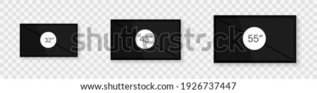 Realistic screen 32, 43, 55 inches collection. Screen inches size. Screen diagonal size in 32, 43, 55 inches. Screen icon set in realistic style on transparent background. Vector graphic. EPS 10 Royalty-Free Stock Photo #1926737447