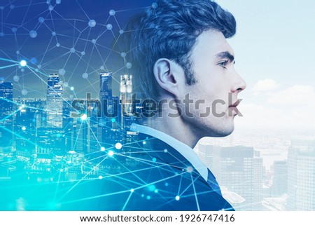 A side view portrait of a young businessman. A chart of neural network showing interconnections between business partners all over the world. New York city on background. Double exposure Royalty-Free Stock Photo #1926747416