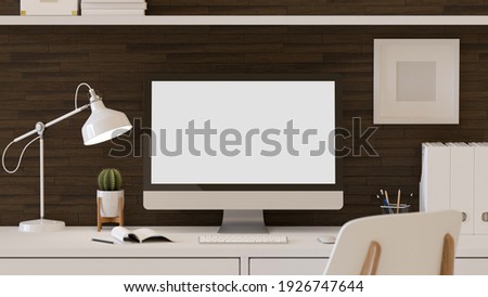 3D rendering, home office room, computer desk with mock up frame, supplies, stationery and decorations, clipping path, 3d illustration