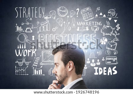 Man manager pensive profile on background of business strategy plan on black wall, doodle sketch set. Business finance chart graph, concept of idea