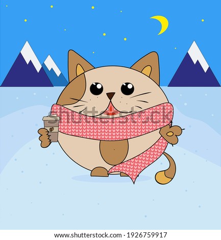cat in winter on a background of mountains with a mug of coffee. cat in a warm scarf.
starry sky. the cat is happy.
