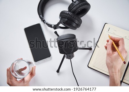 Podcast concept. Woman is recording an online course