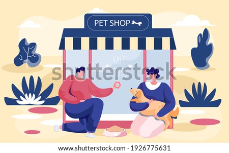 Pet shop concept, awning with window, animal accessory store outdoors flat vector. Pet owners buy food and goods for playing and caring for little friend during sales. Couple with dog goes shopping