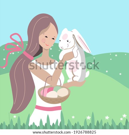 Young pretty woman standing with white rabbit in green grass. Festive spring illustration can be used for Easter design templates.