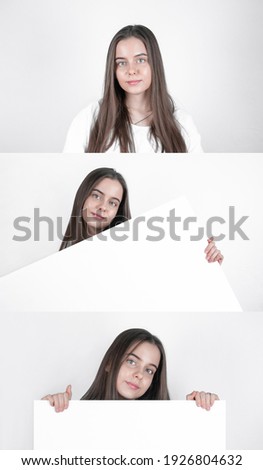 Teenager with white sheet of paper in a set of photos