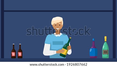 Man with drinks is working in bar. Bartender making alcohol drink. Outdoor bar vector illustration. Guy opens bottle of champagne for guests. Male character preparing drinks and mixes cocktails