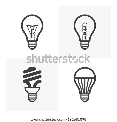 Various light bulb icons. Standard and halogen incandescent, fluorescent and LED bulb. Vector.  Royalty-Free Stock Photo #192681098