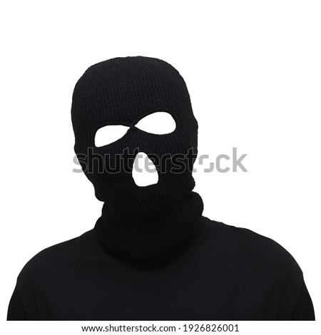 Man with black mask Burglar Thief face, white background isolated