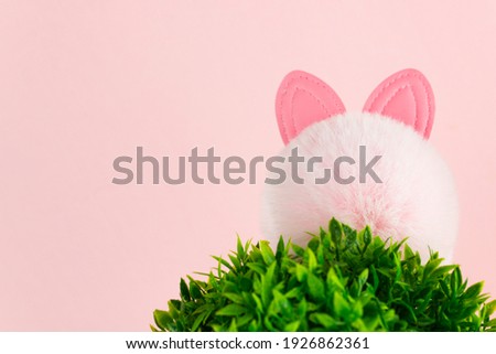 Bunny ears pink background. Spring holiday celebration photo design template. Loneliness concept
