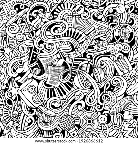 Music hand drawn doodles seamless pattern. Musical instruments background. Cartoon fabric print design. Line art vector art illustration