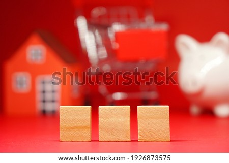 Template word 3 characters with blurred House shopping card saving bank mock up on red background - red promotion shopping property sale advertising concept