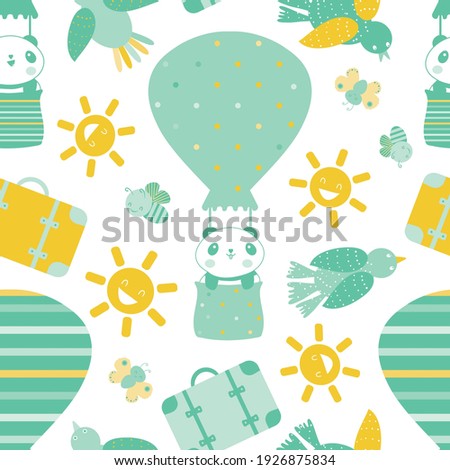 Cute Kawaii panda travelling in hot air balloons seamless vector pattern background. Blue yellow backdrop with cartoon bears., suitcases, sun, butterflies, birds, bees. Animal summer travel concept