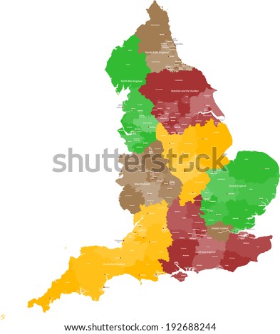 A large, detailed and colored map of England with all counties and main cities. Royalty-Free Stock Photo #192688244