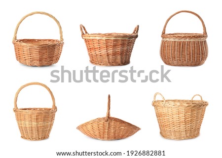 Set with different wicker baskets on white background Royalty-Free Stock Photo #1926882881