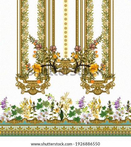 Digital Textile design motif gold ornaments with colorful baroque and geometrical borders with botanical flower bunches