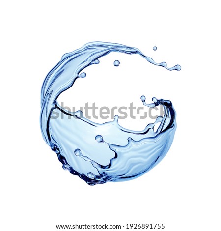 3d render, dynamic blue water jet, wavy spherical splash clip art isolated on white background. Twisted liquid shape, splashing wave