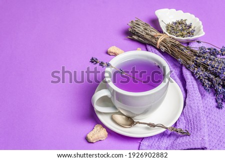 Lavender hot tea on pastel lilac background. Natural flower drink for morning good mood, copy space