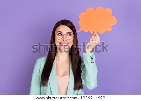 Photo of minded happy freelancer young woman bubble cloud thought smile isolated on purple color background