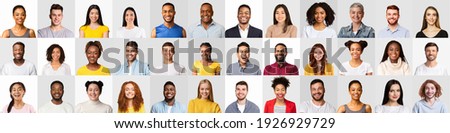 Set of real people happy faces and different diverse human portraits expressing positive emotions over white and gray studio backgrounds. Mosaic of mixed crowd of men and women. Panorama, collage Royalty-Free Stock Photo #1926929729