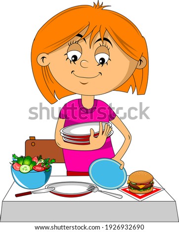 beautiful girl serves a table before the holiday, illustration
