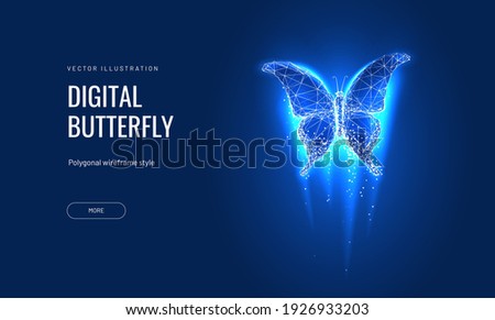 Digital butterfly in a futuristic polygonal style on a blue background. Converting binary code into a butterfly, metamorphosis of renewal or transformation.Successfully bringing business ideas to life