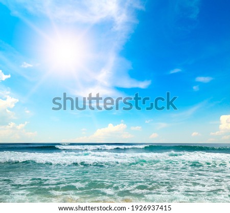Perfect sky and water of ocean. Beautiful seascape and sun on blue sky background.