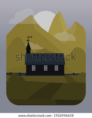 Framed black house by green hills. Vector flat illustration in a modern style. Night landscape with the moon. Design for postcards, posters, textiles, backgrounds, locations, cartoons.