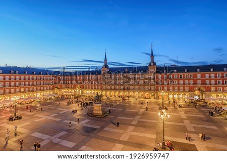Madrid Spain, aerial view night city skyline at Plaza Mayor Royalty-Free Stock Photo #1926959747