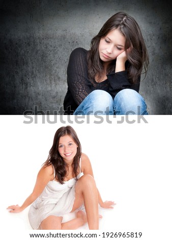 Two portraits of a beautiful young woman, emotion concept, upper photo: sad and depressed, lower photo: positive and happy