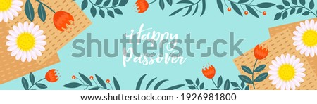 Passover banner. Pesach template for your design with matzah and spring flowers. Happy Passover inscription. Jewish holiday background. Vector illustration Royalty-Free Stock Photo #1926981800