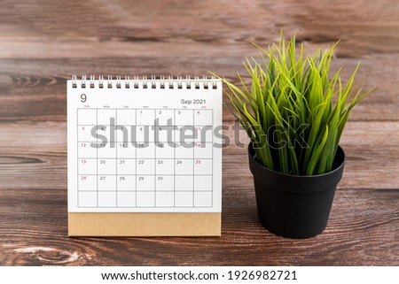 September 2021 Calendar on Wooden Background With Green Potted Plant