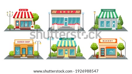 Shops fronts on street. Shopping retail facades, bistroshop and barber boutique, bakery and pet store with sidewalk cartoon vector illustration, neighborhood store exteriors Royalty-Free Stock Photo #1926988547